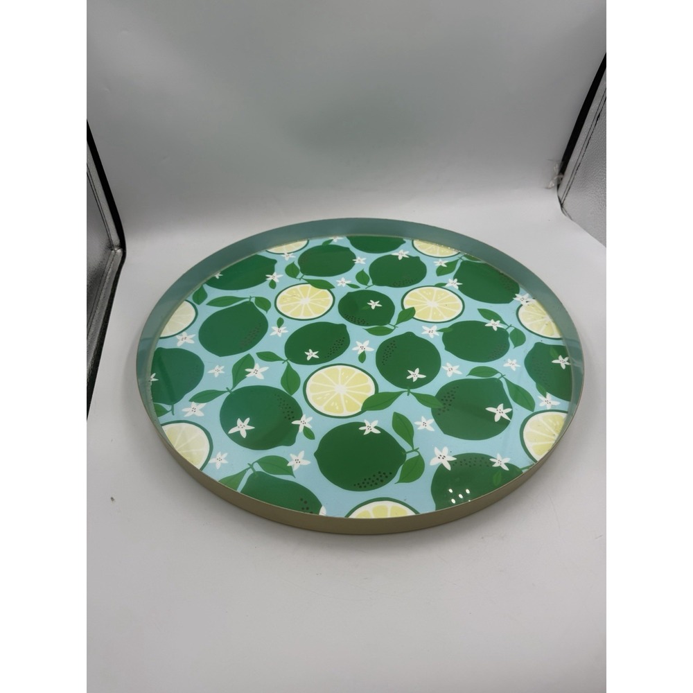 Prima Design Floral And Lime Shiny Finish Round Laquer Serving Tray 16x16x1.25in